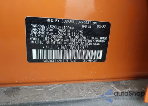 2022 Subaru Wrx из США, поврежденный, VIN JF1VBAA60N9013977